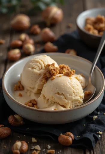 Κρεμώδες παγωτό γάλακτος με φουντούκι σερβιρισμένο