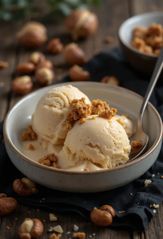 Κρεμώδες παγωτό γάλακτος με φουντούκι σερβιρισμένο