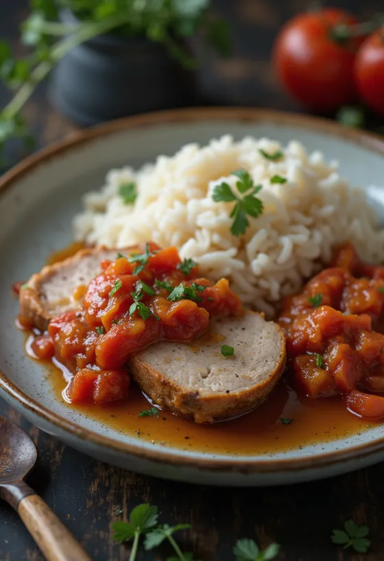 Χοιρινός λαιμός με λετσό και ρύζι ατμού σερβιρισμένος