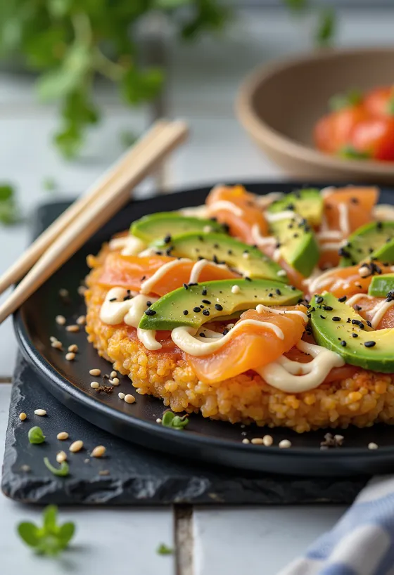 Sushi pizza με ιαπωνική βάση ρυζιού, σολομό και αβοκάντο