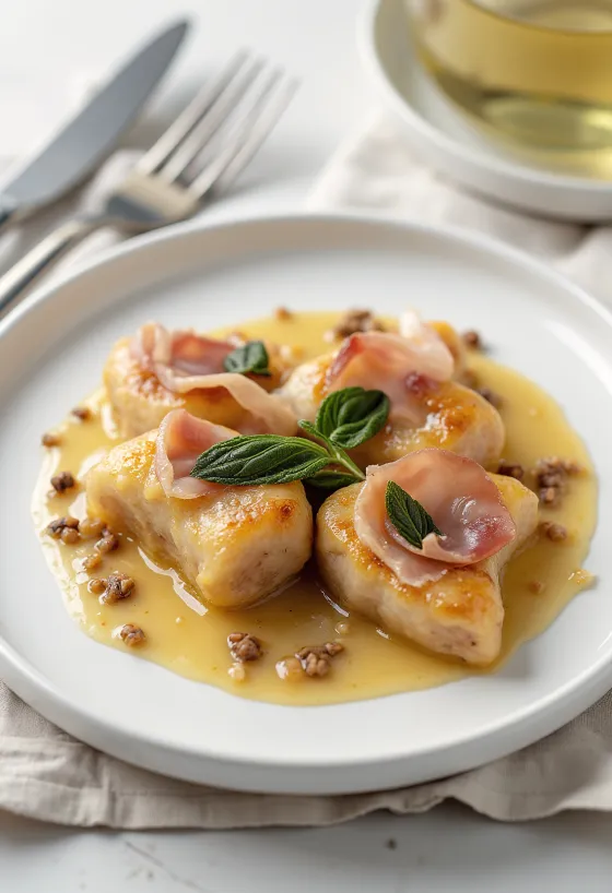 Saltimbocca με σάλτσα λευκού κρασιού, με μοσχάρι, προσούτο και φρέσκα μυρωδικά
