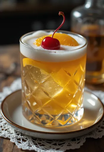 Κοκτέιλ Whisky Sour διακοσμημένο με φέτα πορτοκαλιού και κερασάκι κοκτέιλ