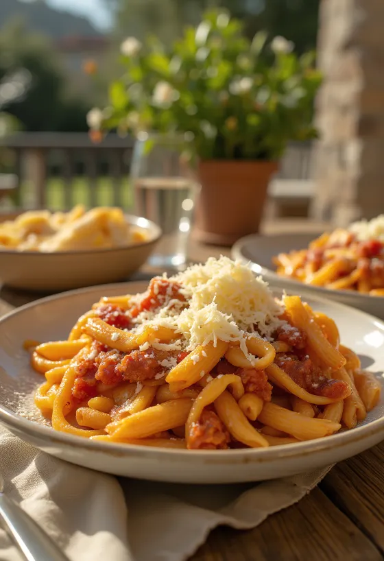 Ζυμαρικά με μελιτζάνα σερβιρισμένα με ζουμερή σάλτσα ντομάτας και φρέσκο βασιλικό