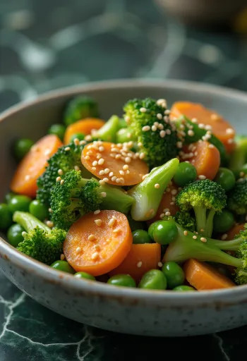 Λαχανικά στον ατμό με σουσάμι σερβιρισμένα με φρέσκα λαχανικά