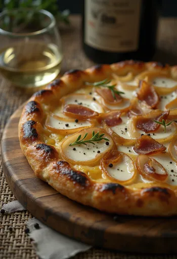 Tarte flambée με γιαούρτι στραγγιστό, κρεμμύδι και μπέικον