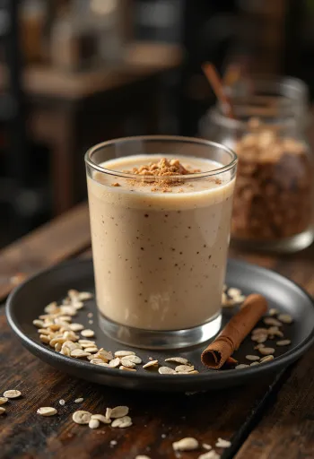Smoothie με βρώμη σε ψηλό ποτήρι, διακοσμημένο με νιφάδες βρώμης και κανέλα