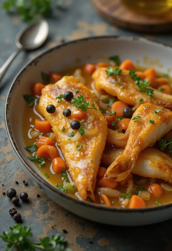 Ψάρι Escabeche σερβιρισμένο με λαχανικά