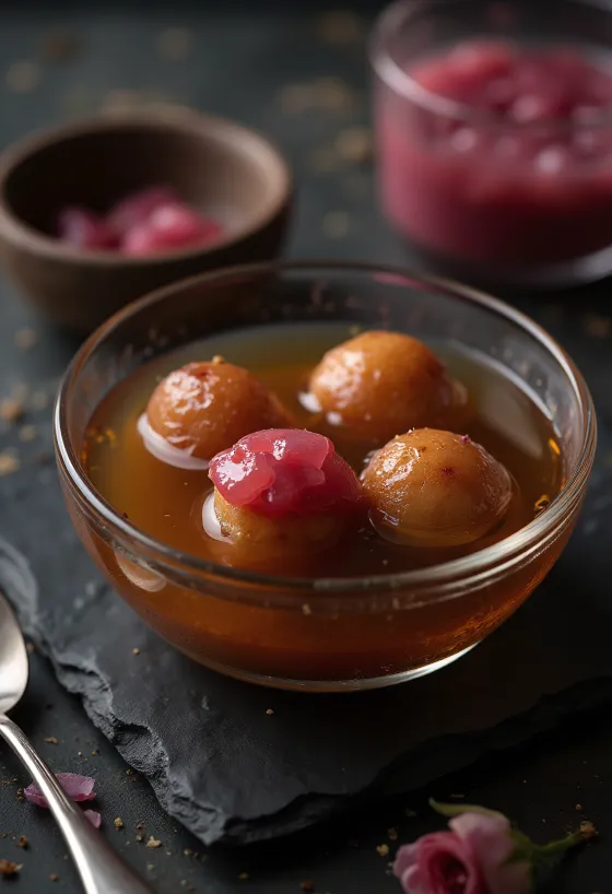 Gulab Jamun με gulkand, σερβιρισμένο σε σιρόπι ροδόνερου.