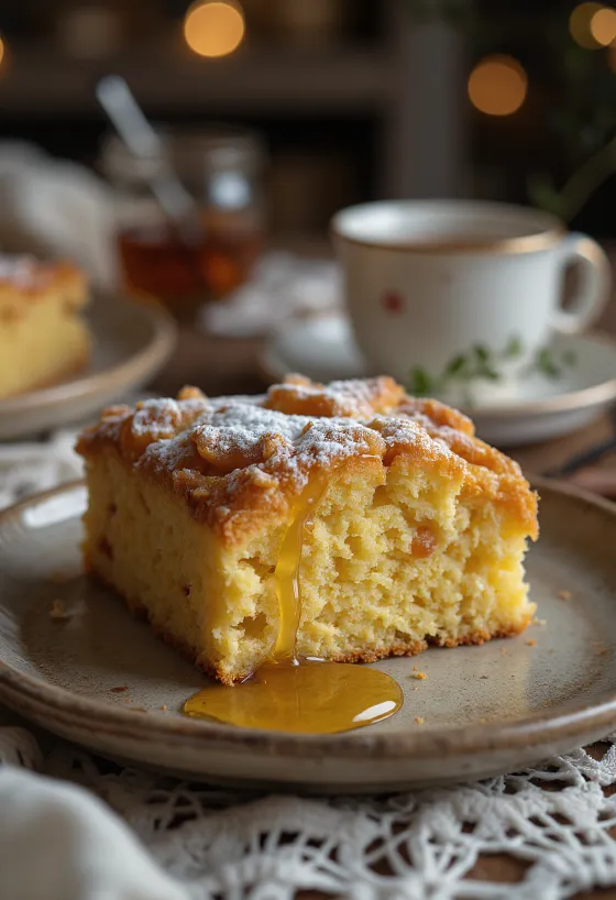 Κέικ τζίντζερ χρυσοκάστανο, με εύθρυπτη υφή, πασπαλισμένο με άχνη ζάχαρη.