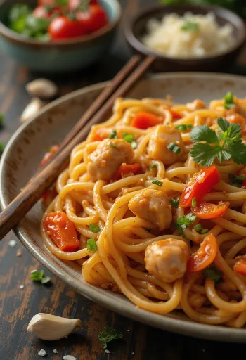 Lagman με κοτόπουλο, ζυμαρικά, λαχανικά και ντρέσινγκ σόγιας