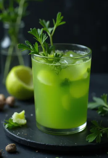 Χυμός σέλινου σε ψηλό ποτήρι, διακοσμημένος με φρέσκα κολωνάρια σέλινου και φρούτα