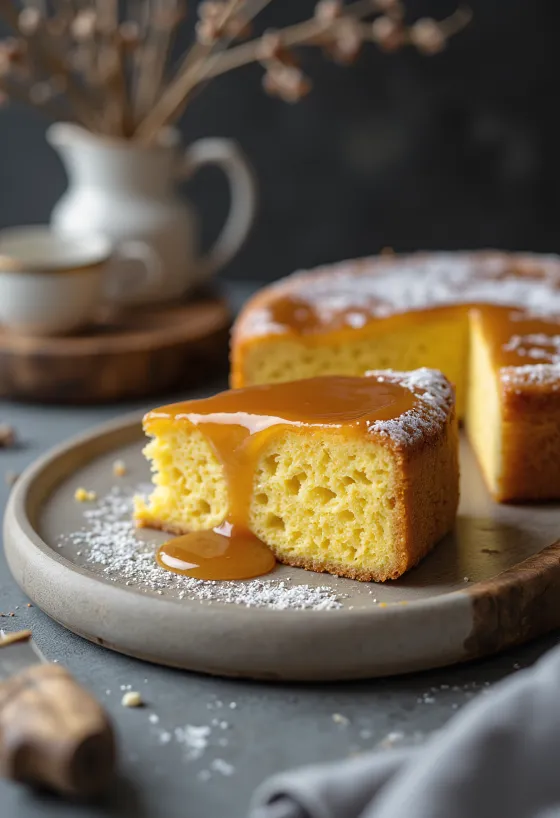 Bolo de fubá με σάλτσα καραμέλας, φρεσκοσερβιρισμένο