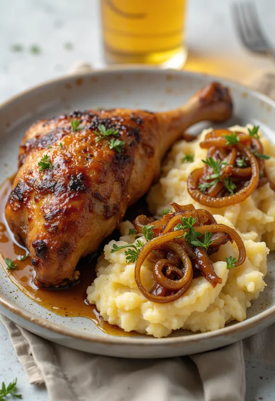 Ψητή πάπια με πουρέ πατάτας με κρεμμύδι σερβιρισμένη