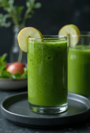 Πράσινο smoothie σε ψηλό ποτήρι, διακοσμημένο με φρέσκα λαχανικά και φρούτα