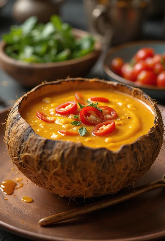 Πικάντικη σάλτσα τσίλι με γάλα καρύδας σε μπολ, με φρέσκο κόλιανδρο και φέτες τσίλι