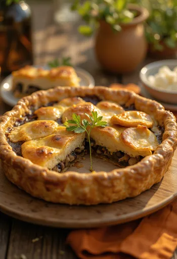 Κρεμώδης vegan πίτα μανιταριών κομμένη σε κομμάτια