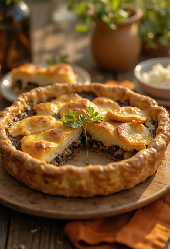 Κρεμώδης vegan πίτα μανιταριών κομμένη σε κομμάτια