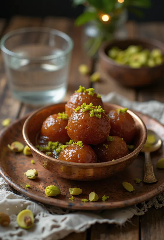 Gulab Jamun με φιστίκια, σερβιρισμένο σε σιρόπι ροδόνερου.