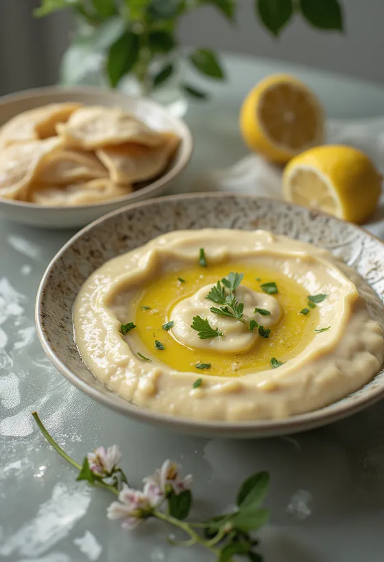 Σάλτσα ταχίνι με λεμόνι σερβιρισμένη με πίτα και ψητά λαχανικά
