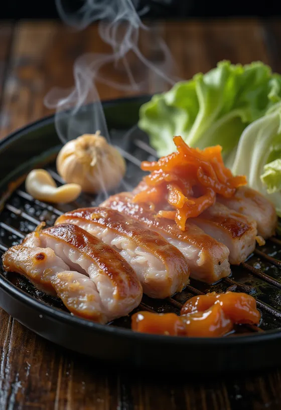 Samgyeopsal σερβιρισμένο με φύλλα μαρουλιού και kimchi