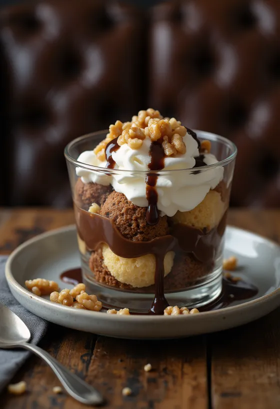 Somlói galuska με μαλακό παντεσπάνι, κρέμα βανίλιας και σάλτσα σοκολάτας σε στρώσεις