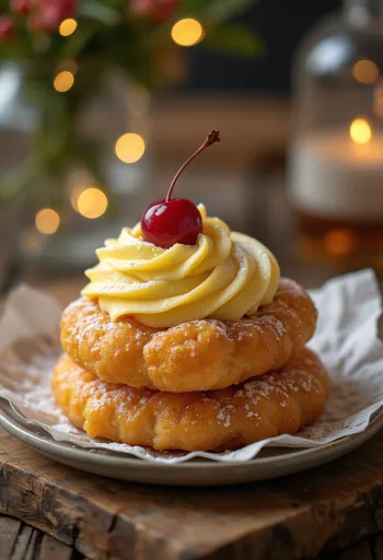 Zeppole με κρέμα βανίλιας, φρέσκα, χρυσοκαφέ γλυκά γεμισμένα με κρέμα βανίλιας