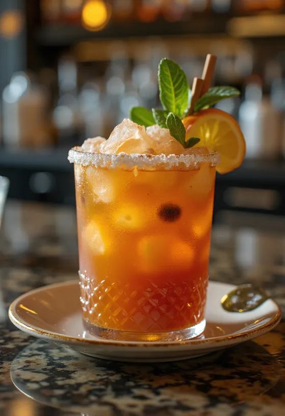 Κοκτέιλ Zombie διακοσμημένο με φύλλα δυόσμου και φέτα πορτοκαλιού