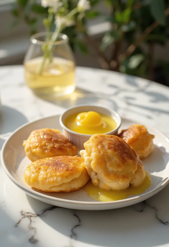 Æbleskiver με κρέμα λεμονιού, φρέσκες και αφράτες μπαλίτσες, διακοσμημένες με σάλτσα λεμονιού