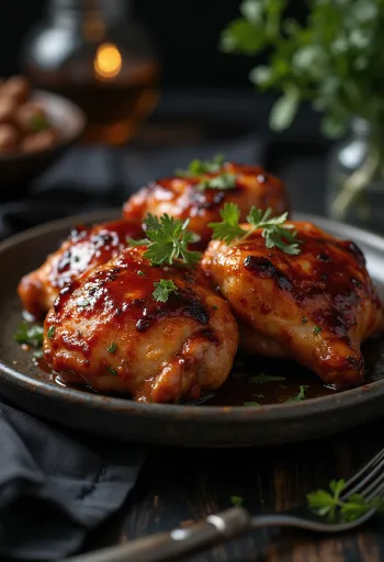 Μπουτάκια κοτόπουλου BBQ ψημένα στο φούρνο, σερβιρισμένα με ψητές πατάτες