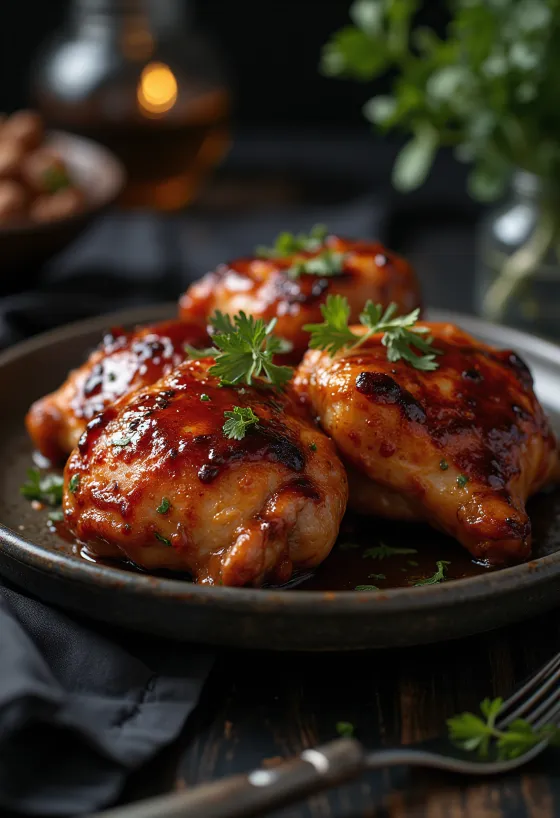 Μπουτάκια κοτόπουλου BBQ ψημένα στο φούρνο, σερβιρισμένα με ψητές πατάτες