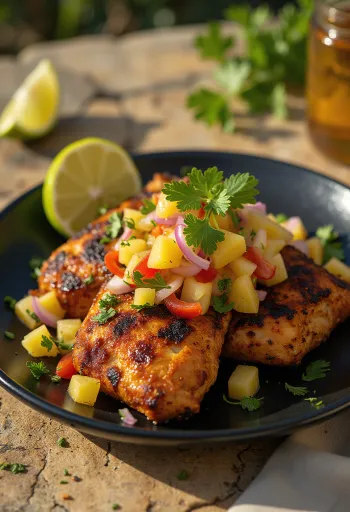 Κοτόπουλο Jerk με σάλτσα ανανά, σε πολύχρωμο, φρέσκο σερβίρισμα