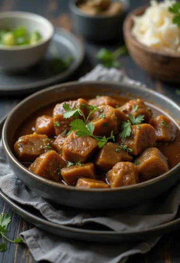 Σαραπατέλ με χοιρινή καρδιά, πλούσιο πικάντικο πιάτο κρέατος διακοσμημένο με φρέσκο κόλιανδρο