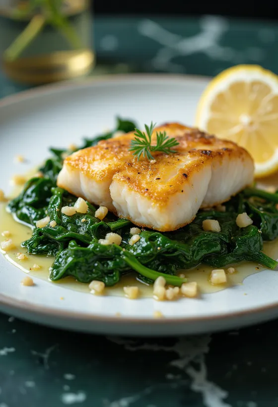 Ψητό ψάρι με σπανάκι σκόρδου σερβιρισμένο