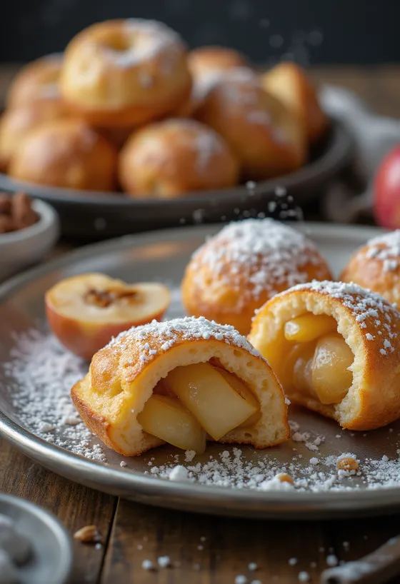 Æbleskiver με γέμιση μήλο και κανέλα, ψημένα χρυσοκάστανα, πασπαλισμένα με ζάχαρη άχνη