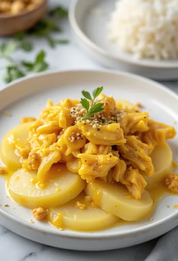 Ají de gallina χωρίς αυγά, κοτόπουλο με κρεμώδη κίτρινη σάλτσα, σερβιρισμένο με ρύζι και πατάτες