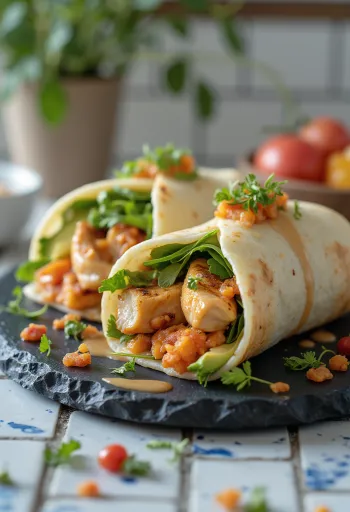 Fusion wrap γεμιστό με kimchi, αβοκάντο, ψητό κοτόπουλο και ψητή πιπεριά
