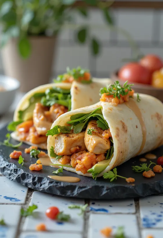 Fusion wrap γεμιστό με kimchi, αβοκάντο, ψητό κοτόπουλο και ψητή πιπεριά
