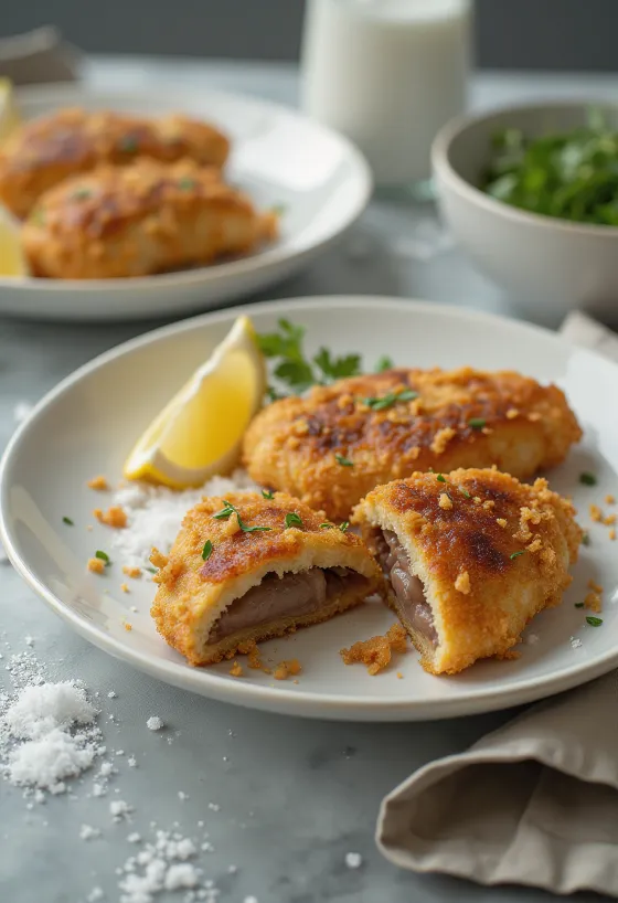 Τραγανό χοιρινό συκώτι πανέ, ψημένο χρυσοκάστανο, σερβιρισμένο με φρέσκια σαλάτα.