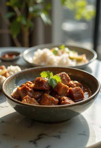 Rendang Santan με πηχτή σάλτσα, κομμάτια μοσχαριού, σερβιρισμένο με ρύζι