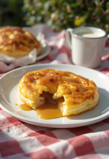 Æbleskiver γεμιστά με κρέμα καραμέλας ψημένα χρυσοκάστανα, πασπαλισμένα με ζάχαρη άχνη