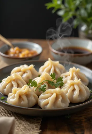 Κινέζικα jiaozi με χοιρινό βρασμένα, σερβιρισμένα σε λευκό πιάτο
