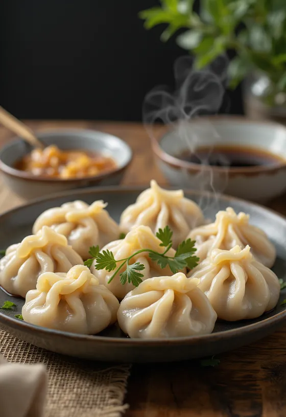 Κινέζικα jiaozi με χοιρινό βρασμένα, σερβιρισμένα σε λευκό πιάτο