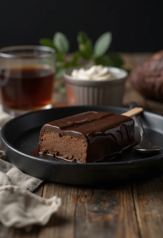 Σπιτικό παγωτό Magnum Double Chocolate με διπλή επικάλυψη σοκολάτας, σε ρουστίκ φόντο