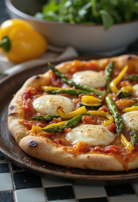 Pizza Primavera με ανοιξιάτικα λαχανικά και βασιλικό