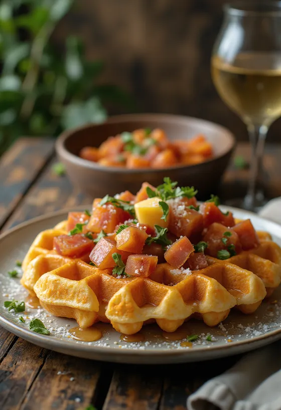 Βάφλα με Chorizo και τυρί Manchego σερβιρισμένη με μαϊντανό και καπνιστή πάπρικα