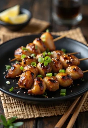 Sunagimo yakitori με στομάχια κοτόπουλου, σερβιρισμένα με σουσάμι και φρέσκο κρεμμυδάκι