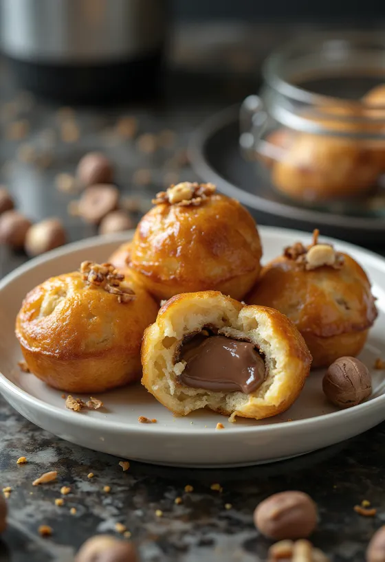 Æbleskiver γεμιστά με Nutella ψημένα χρυσοκάστανα, πασπαλισμένα με ζάχαρη άχνη