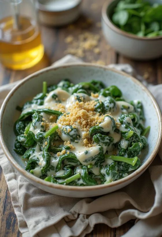 Κρεμώδες σπανάκι με κρέμα γάλακτος φρεσκομαγειρεμένο, σερβιρισμένο σε λευκό πιάτο.