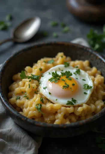 Açorda με αυγά ποσέ, γαρνιρισμένη με φρέσκο κόλιανδρο, περιχυμένη με χυμό λεμονιού
