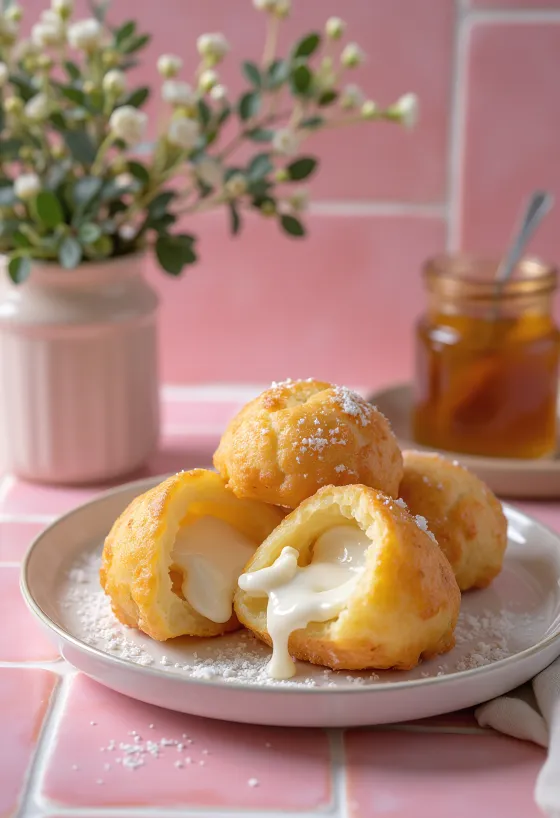 Æbleskiver με γέμιση ρικότα, σε χρυσοκάστανο χρώμα, σερβιρισμένα πασπαλισμένα με ζάχαρη άχνη